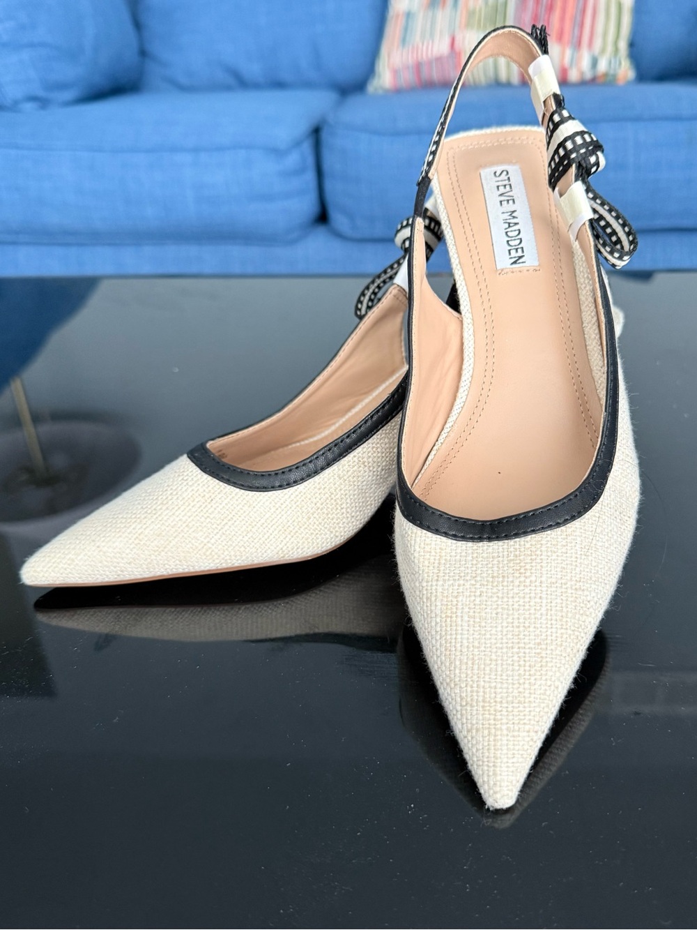 Steve Madden Cream Pointed Slingback Pumps with Black Trim